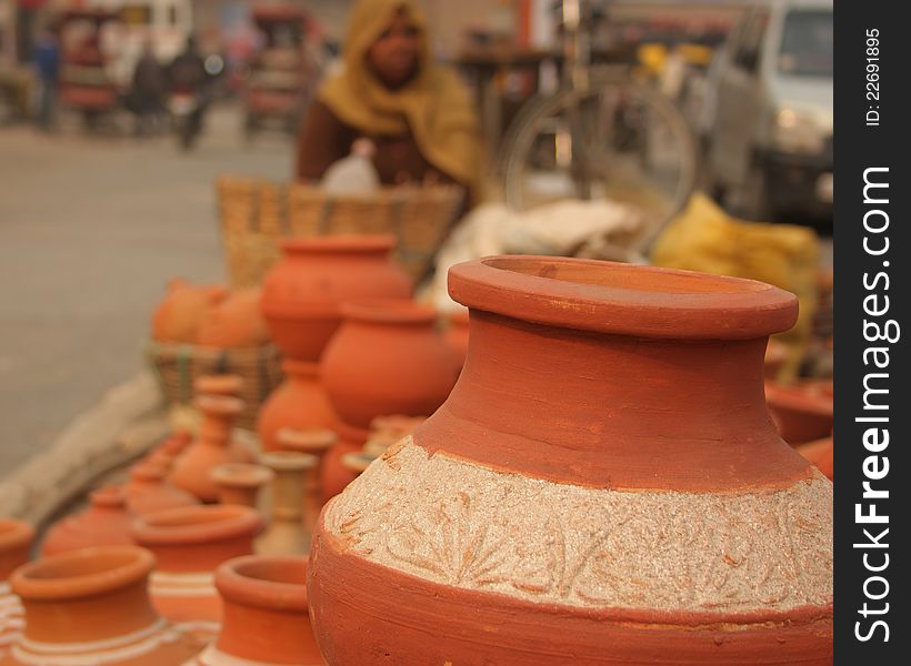 Closeup of indian pottery earthen ware on a street for display and sale. Closeup of indian pottery earthen ware on a street for display and sale