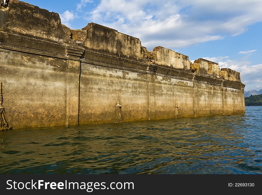 Part of ruin of Thai church expose in the river at Sangkhlaburi, Thailand