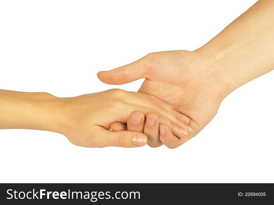 Shaking hands of two people, man and woman, isolated on white. Shaking hands of two people, man and woman, isolated on white.