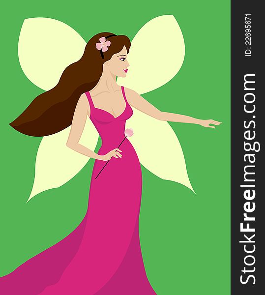 Beautiful woman fairy with butterfly wings in fashion bright magenta dress on fresh spring green background. Beautiful woman fairy with butterfly wings in fashion bright magenta dress on fresh spring green background