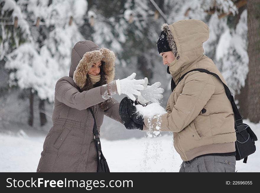 couple playing with snow