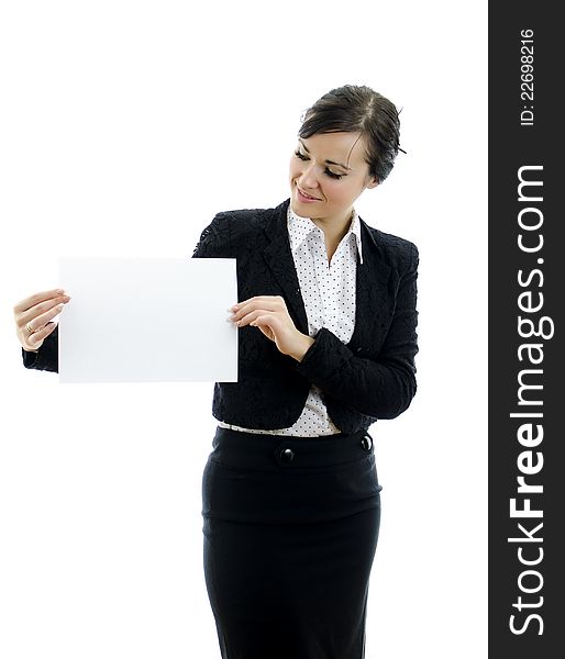 Executive woman with Business card or white sign, isolated on white