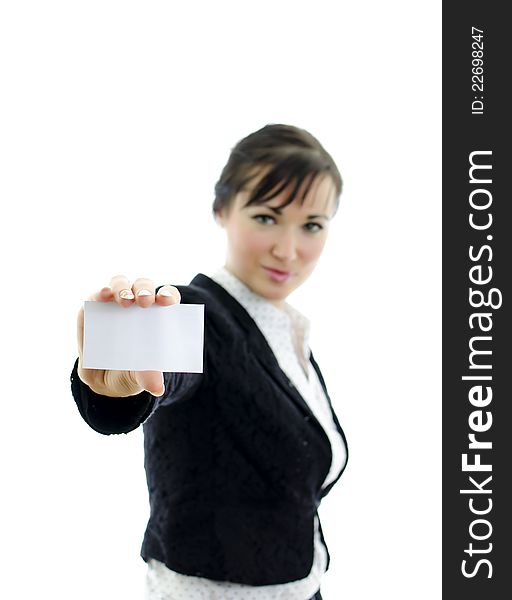 Executive woman with Business card or white sign, isolated on white