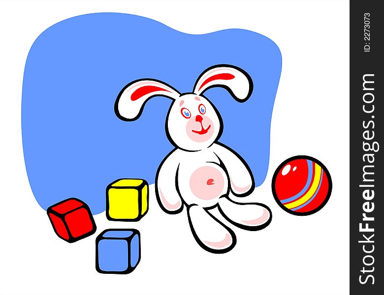 The white rabbit with three multi-colored cubes and a ball. The white rabbit with three multi-colored cubes and a ball.