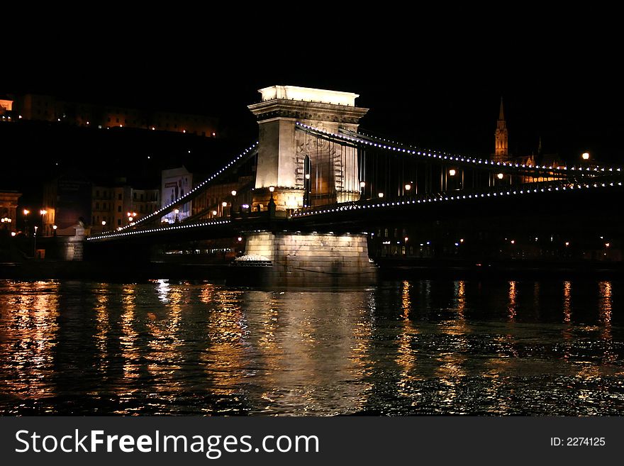 Chainbridge at nigt in Budapest, Danube river. Chainbridge at nigt in Budapest, Danube river