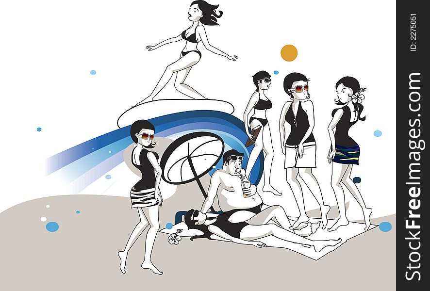 An illustration of people on a beach. An illustration of people on a beach.