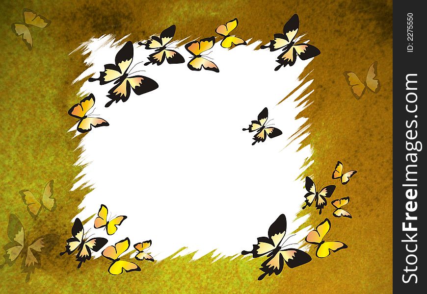 Yellow grunge border with butterflies, design element. Yellow grunge border with butterflies, design element
