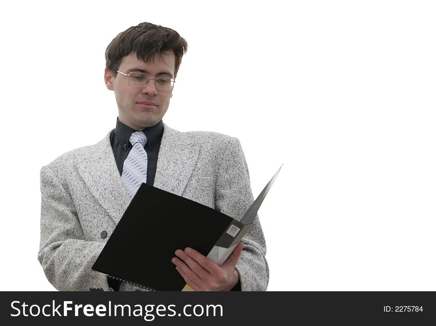 Businessman with opened folder isolated over white background