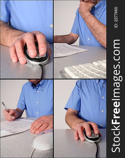 Composite of four images of man working at a desk. The images are separated by black boarder to assist easy selection. Composite of four images of man working at a desk. The images are separated by black boarder to assist easy selection.