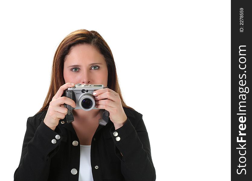 Portrait of woman holding a camera isolated on white. Portrait of woman holding a camera isolated on white