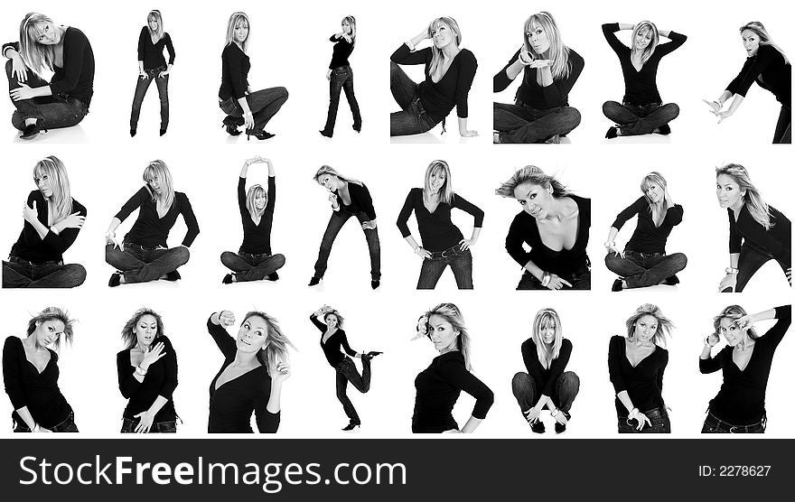 Beautiful young woman on white background with series photos, black-white photos