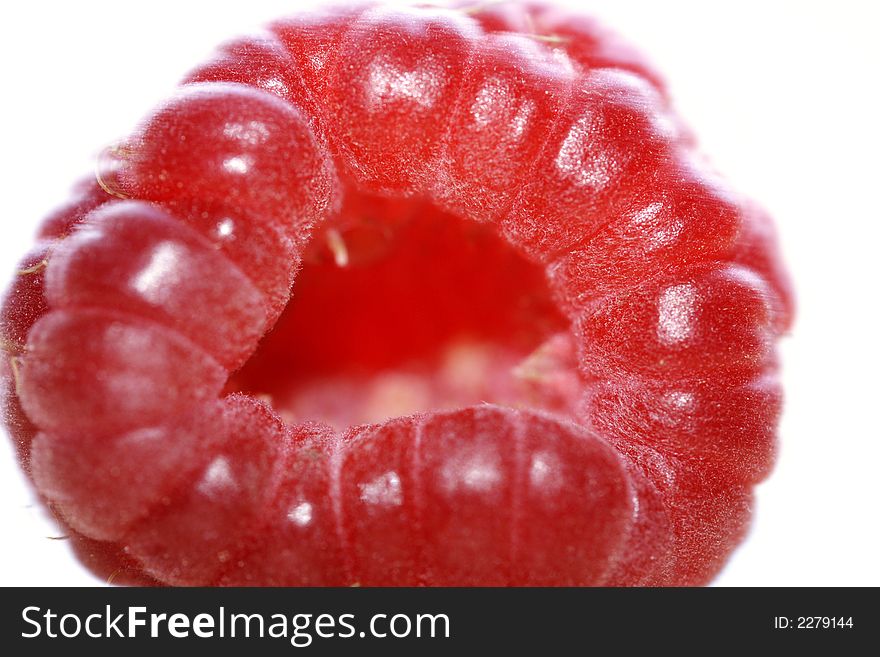 One raspberry on the white background