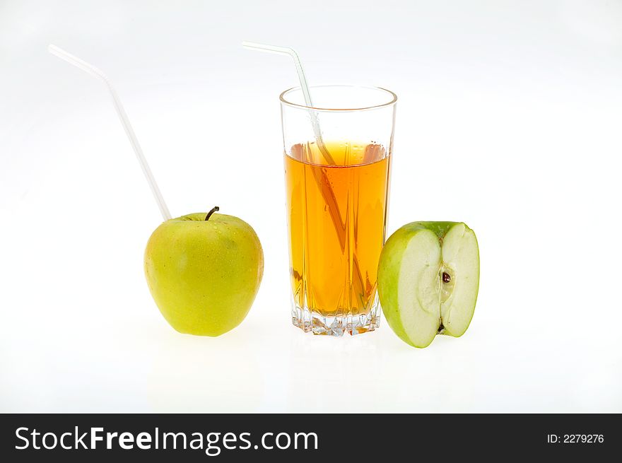 Apple juice and apple on white background