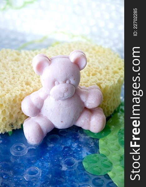 Pink teddy bear soap bar in bathtime