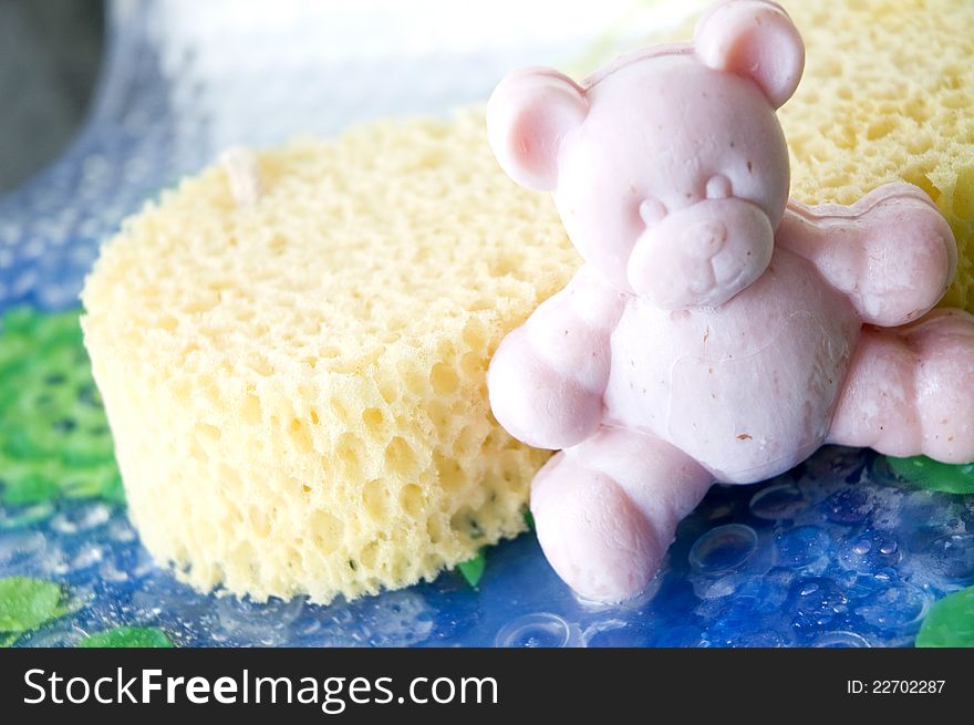 Pink teddy bear soap with sponge on bathtime