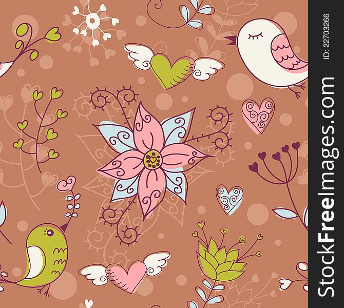 Love seamless texture with flowers and birds