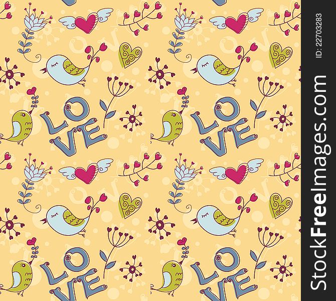 Love seamless texture with flowers and birds, endless floral pattern.