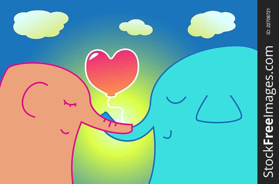 Two romantic elephants holding a heart-shaped balloon in their trunks. Two romantic elephants holding a heart-shaped balloon in their trunks