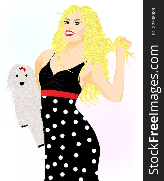 Glamour Girl In A Dress With A Dog