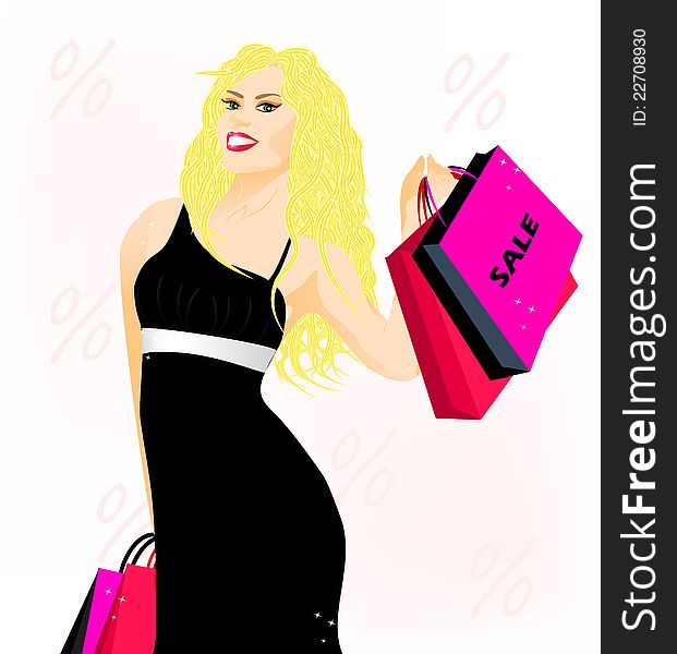 Lovely blonde lady in black dress with shopping bags. Lovely blonde lady in black dress with shopping bags