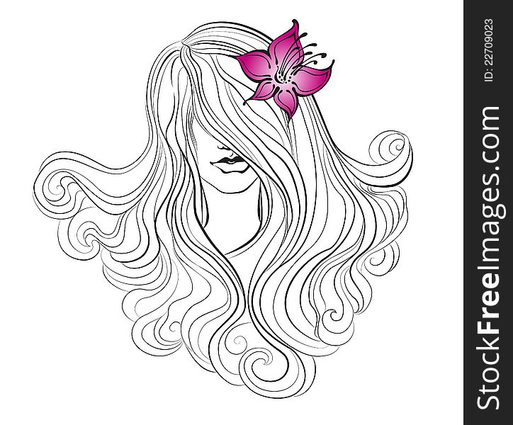 Girl with a pink flower and long hair