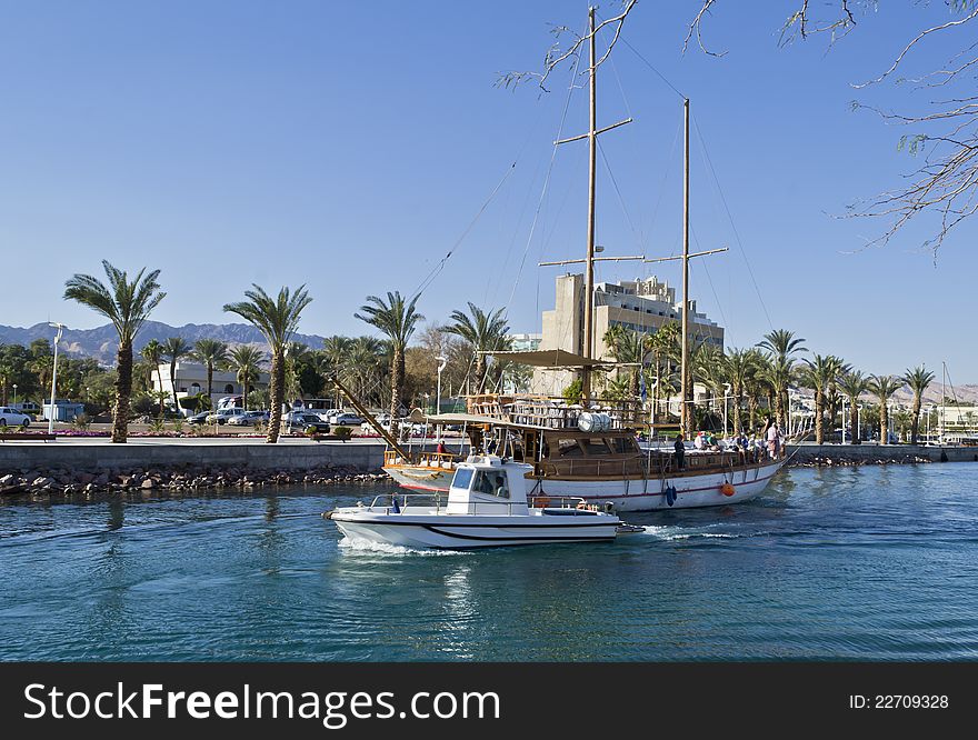 Pleasure boat and yacht in marina of Eilat, Israel