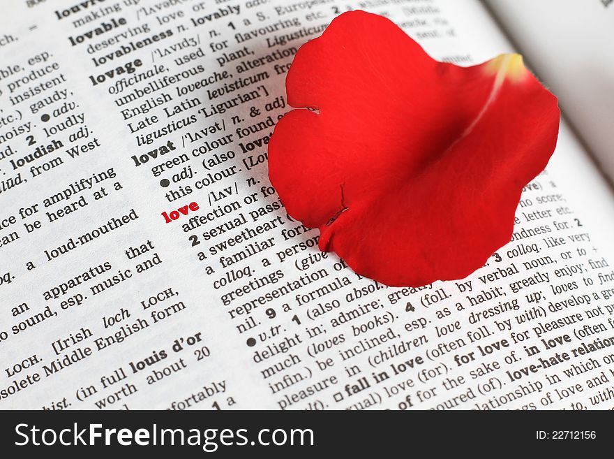 Image of a book with red petal on a valentines day