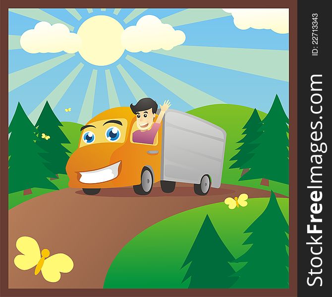 An illustration of a boy driving his cargo along hill. An illustration of a boy driving his cargo along hill.