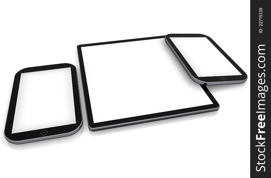 Tablet and smart phones on white background