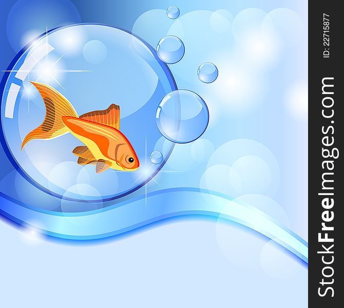 Blue background with wave and fish in globe. Blue background with wave and fish in globe