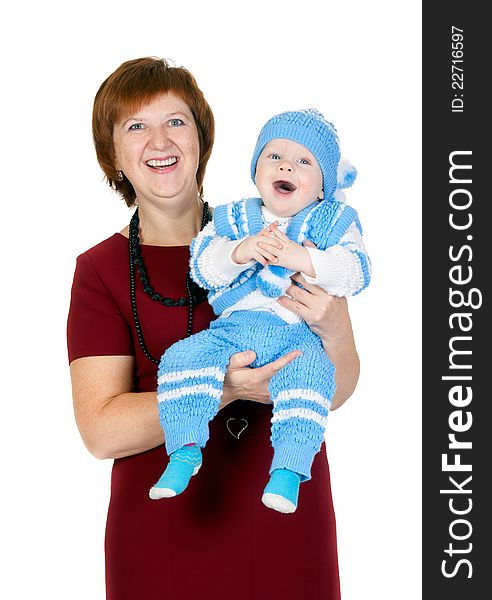 Grandmother with her grandson in her arms in the studio on a white background