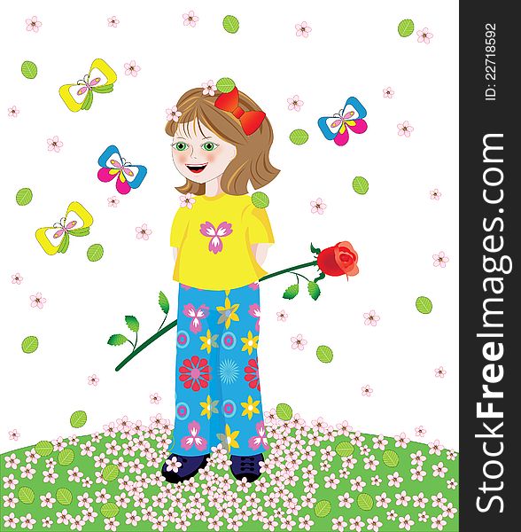 Happy cute girl with dropping blossoms over her and flying butterflies playing around. Happy cute girl with dropping blossoms over her and flying butterflies playing around.