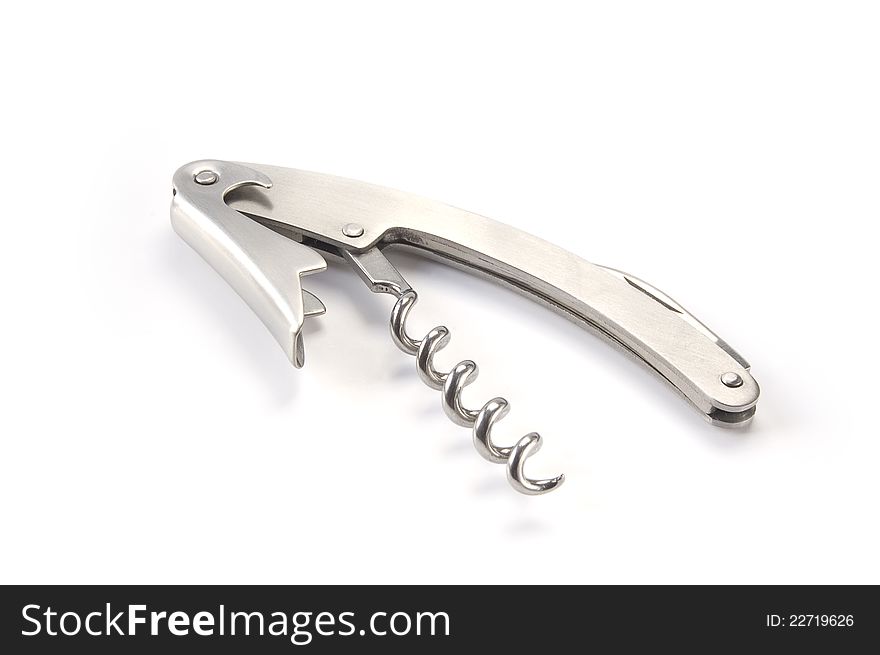 Studio image of steel corkscrew  on white. Copy space.