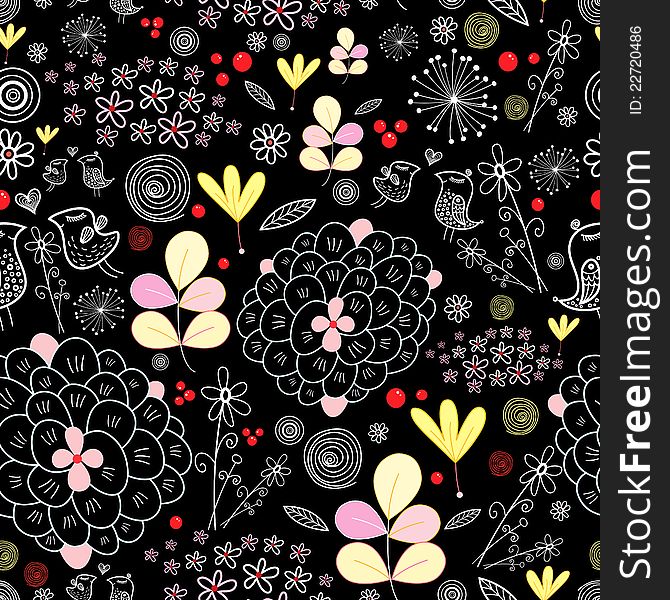 Seamless bright graphic pattern with birds on a black background. Seamless bright graphic pattern with birds on a black background