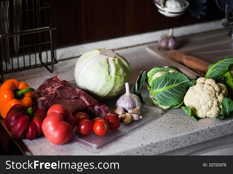 Ripe vegetables is kitchen on table