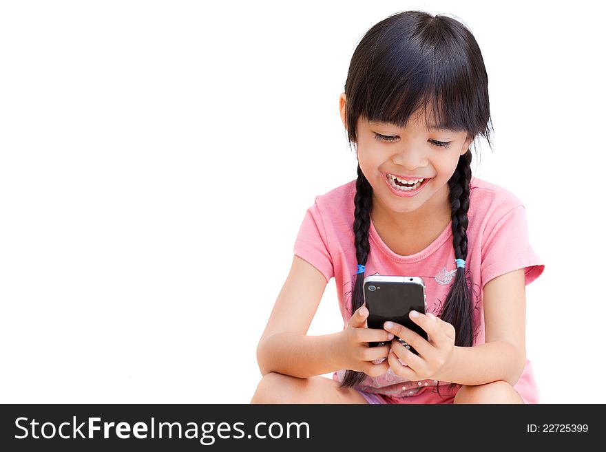 Little Girl with Mobile Phone Isolated on White