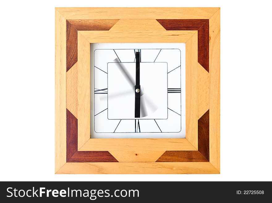 Wooden clock with motion hand isolated on white