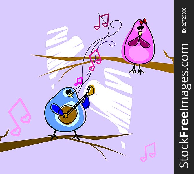 Illustration of a cartoon birds couple fall in love. Illustration of a cartoon birds couple fall in love