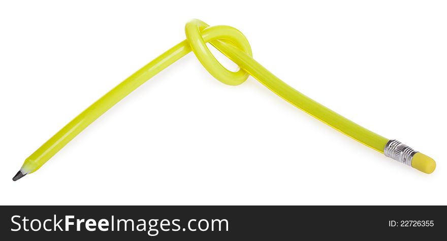 Plastic yellow pencil knotted on white. Plastic yellow pencil knotted on white