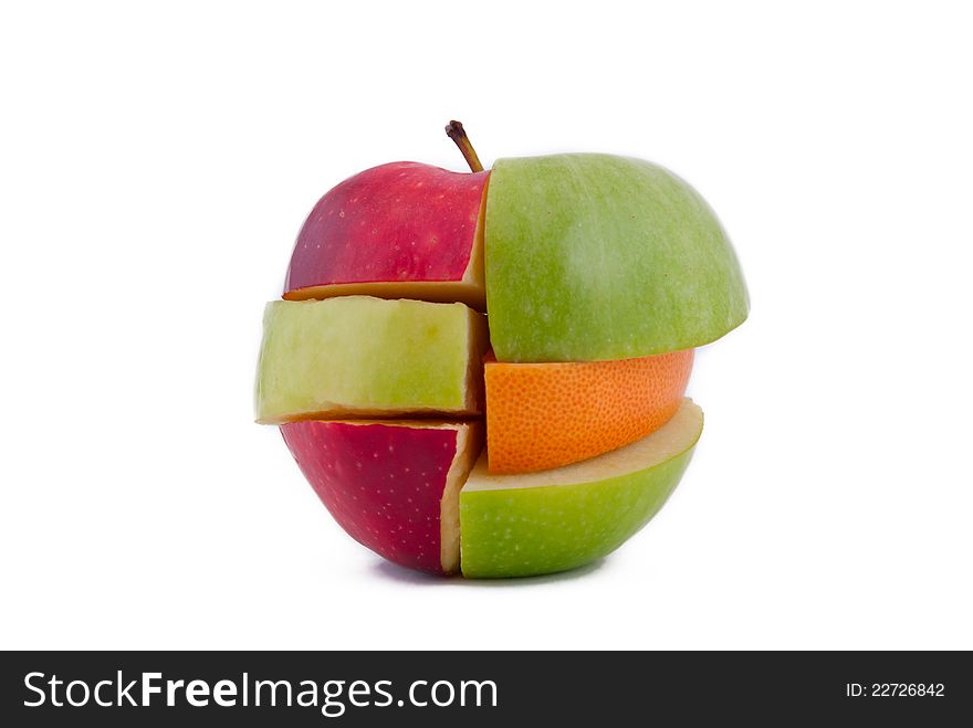 Red and green apples, grapefruit cut and combined by layers, isolated on white background. Red and green apples, grapefruit cut and combined by layers, isolated on white background