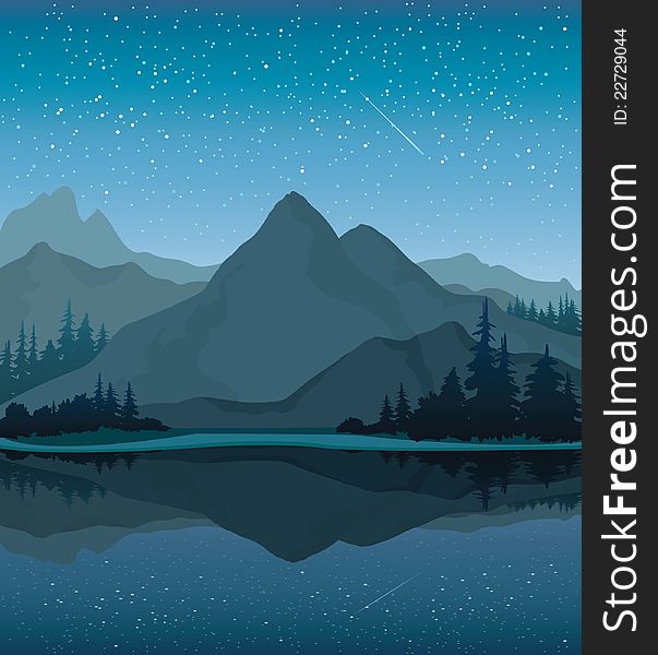 Vector night landscape with mountains, lake and forest on a starry sky background