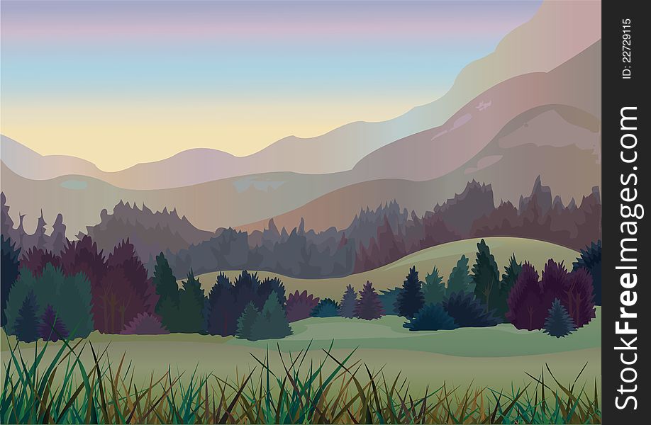 Autumn landscape with meadow, forest and mountains on a sky background. Autumn landscape with meadow, forest and mountains on a sky background