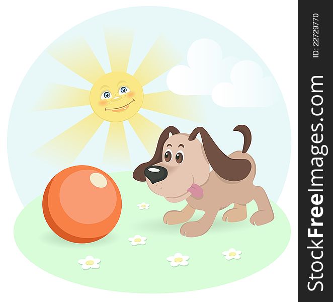 Vector illustration of happy dog on green shiny lawn. Vector illustration of happy dog on green shiny lawn