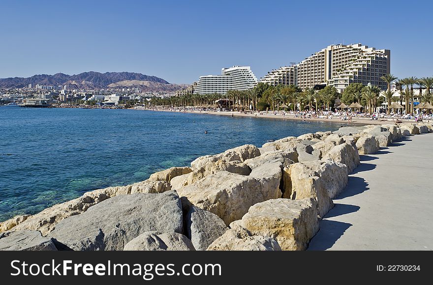 Eilat is a popular resort and recreation city in Israel, it is located on the northern beach of the gulf of Aqaba, Red Sea. Eilat is a popular resort and recreation city in Israel, it is located on the northern beach of the gulf of Aqaba, Red Sea