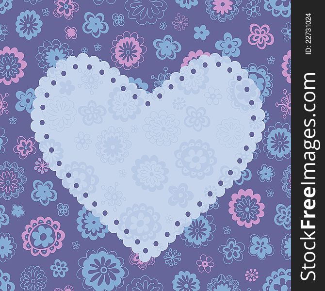 Romantic greeting card in the form of heart filled with hand drawn flowers with floral background. Vector illustration