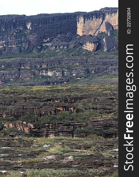 Sandstone cliffs at the top of Auyantepui plateau. The whitish-pink-yellow sandstone is covered with dark-green blue-green algae giving it basalt-like, almost black appearance. Sandstone cliffs at the top of Auyantepui plateau. The whitish-pink-yellow sandstone is covered with dark-green blue-green algae giving it basalt-like, almost black appearance.