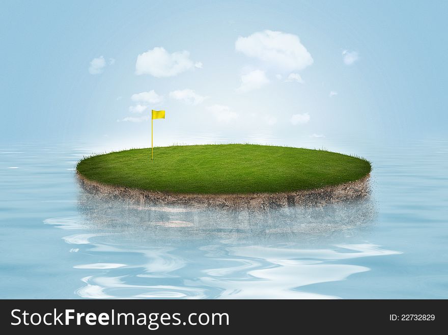 A golf green floating on water on blue background. A golf green floating on water on blue background
