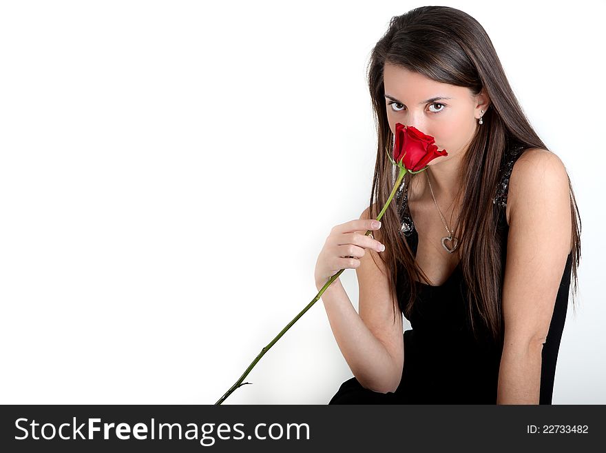 Pretty Brunette With Red Rose