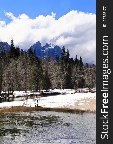 Merced River flowing through Yosemite National Park in winter. Merced River flowing through Yosemite National Park in winter