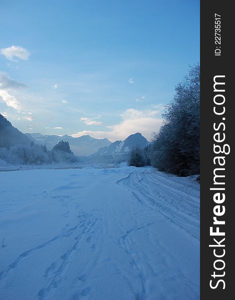 View from Klostertal towards Bludenz in winter. View from Klostertal towards Bludenz in winter.